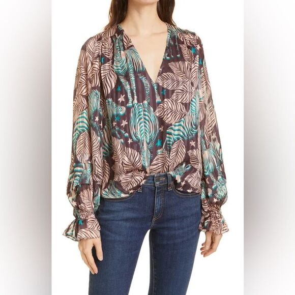 RAMY BROOK Sofie Long Sleeve Stretch Silk Blouse - Raisin/ Oasis Combo - Picture 1 of 9